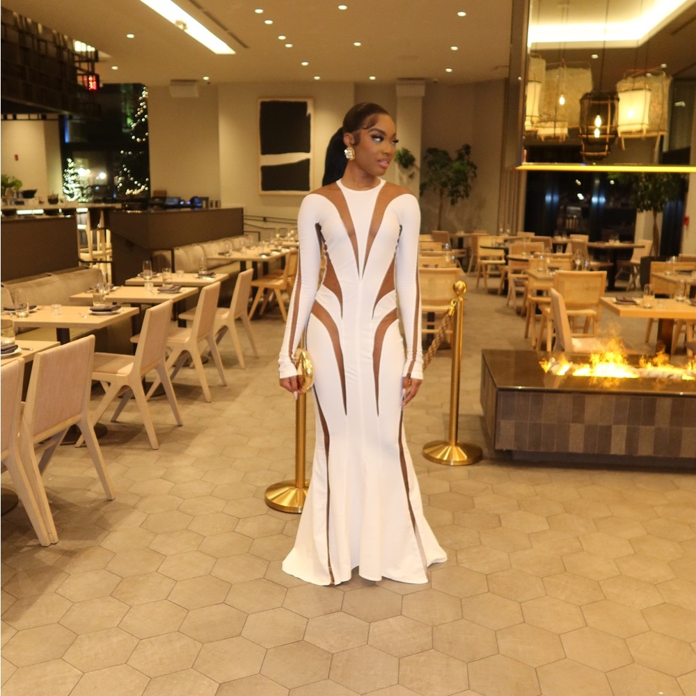 Mugler Spiral Illusion Long White Dress Nude 02